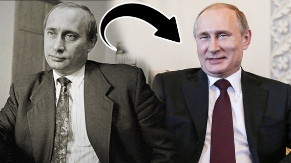 Der junge Putin und als jetziger Präsident Russlands daneben  