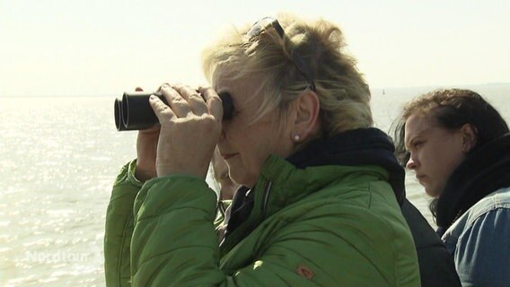 Eine Frau mit Fernglas beim Whale-Watching vor Wilhelmshaven. © Screenshot 