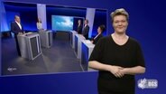 Triell am 04.05.2022 zur Landtagswahl 2022 mit Gebärdensprache. Im Vordergrund steht eine Gebärdensprachdolmetscherin. © Screenshot 