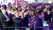 Jubelnde CDU-Anhängerinnen und Anhänger auf einer Wahlparty. © Screenshot 