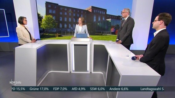Eine Talkrunde im Studio mit Tobias Koch, Serpil Midyatli und Steffen Regis, moderiert von Julia Stein. © Screenshot 
