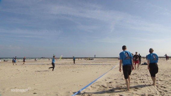 Auf einem Spielfeld am Strand spielen mehrere Teams Frisbee. © Screenshot 