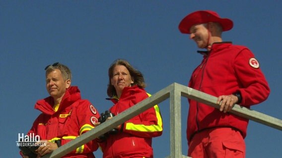 Zwei Rettungsschwimmer und eine Rettungsschwimmerin stehen auf einem Aussichtsturm. © Screenshot 