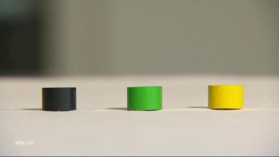 Schwarze, grüne und gelbe Spielfiguren aus Holz. © Screenshot 