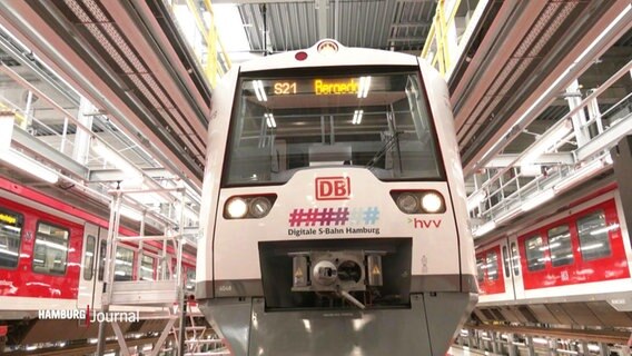 Ein neuer S-Bahn-Zug von vorne gesehen, in der Werkstatt. © Screenshot 