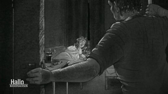 Eine Zeichnung von einem Mann in einer Tür und einer verängstigten Frau im Bett. © Screenshot 