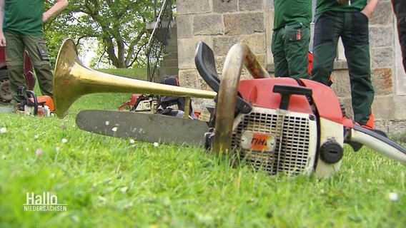 Eine Motorsäge liegt vor einem Blechinstrument im Gras © Screenshot 