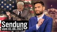 Ex-US-Präsident Donald Trump mit einem Gewehr. Daneben Christian Ehring.  