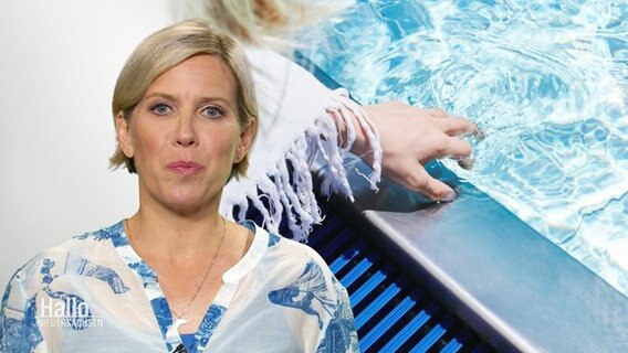 Journalistin Christina Herz steht vor einem Bild einer Hand, die vom Beckenrand aus in ein Fraibad-Becken fässt. © Screenshot 