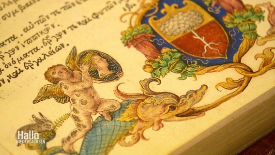 Nahaufnahmne einer altertümlichen Buchillustration: Ein Wappen wird von einem Engel umgeben. © Screenshot 