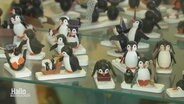 Auf einer Glasplatte in einer Vitrine stehen viele verschiedene kleine Pinguin-Figuren. © Screenshot 