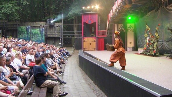 Publikum schaut auf eine Freiluftbühne, auf der eine Schauspielerin am vorderen Bühnenrand steht. © Screenshot 