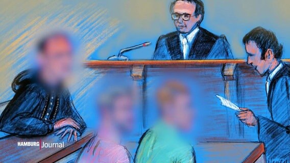 Eine Zeichnung zeigt eine Gerichtsverhandlung. © Screenshot 