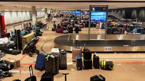 Am Gepäckband am Hamburger Flughafen stapeln sich die Koffer und Gepäckstücke. © Screenshot 