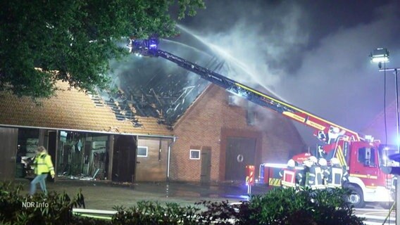 Bei Nacht und Nebel löscht eine Feuerwehr ein brennendes Landhaus. © Screenshot 