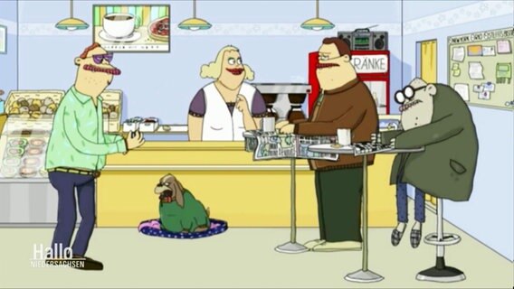 Cartoon der Serie "Frühstück bei Stefanie": Blick in das Bistro von Stefanie, drumherum stehen ihre Begleiter. © Screenshot 