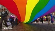 Beim CSD in Kiel wird eine riesiger Regenbogen-Fahne getragen © Screenshot 