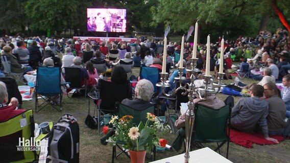 Die Wiese im Maschpark in Hannover: Viele Menschen haben sich auf Decken oder Stühlen niedergelassen, um das NDR Klassik Open Air zu verfolgen. Im Vordergrund ist ein Tisch zu erkennen, auf dem einer aus dem Publik einen silberfarbenden Kerzenständer platziert hat. © Screenshot 
