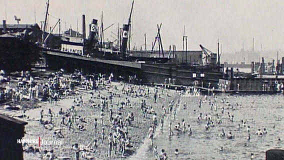 Ein historisches schwarz-weiss vom Elbufer an dem im Sommer viele Menschen baden gehen. Im Hintergrund: Ein größeres Frachtschiff. © Screenshot 