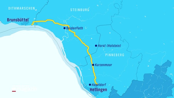 Eine Karte mit einer gelben Linie zwischen Brunsbüttel und Hetlingen. © Screenshot 