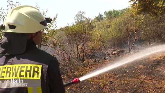 Ein Angestellter der Feuerwehr bei Löscharbeiten. © Screenshot 