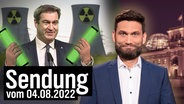 Der bayrische Ministerpräsident Markus Söder hält leuchtende Stäbe in seinen Händen und steht vor zwei Atomkraftwerken, daneben Christian Ehring. © NDR 