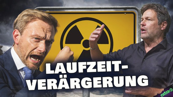 Laufzeitverärgerung: Christian Lindner (FDP) und Robert Habeck (Die Grünen) vor einem Radioaktiv-Symbol. © NDR 