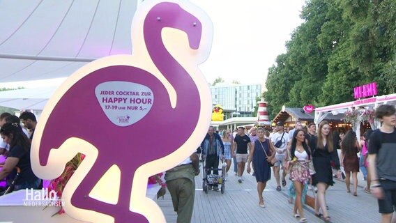 Eine Flaniermeile auf dem Maschseefest. Ein Schild in der Form eines rosa Flamingos wirbst für die Happe Hour von Getränken. © Screenshot 