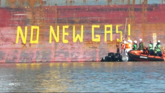 Umweltaktivisten sprayen "no new gas" an ein Schiff. © Screenshot 