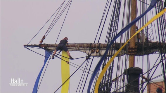 Eine Person auf einem Masten eines Traditionsschiffes. © Screenshot 