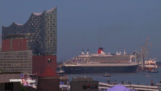 Blick aus der Ferne auf den Hamburger Hafen: Ein riesiges Kreuzfahrtschiff liegt bei Abenddämmerung neben der Elbphilharmonie. © Screenshot 