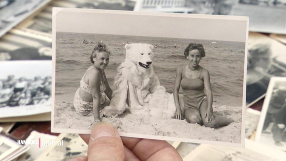 Eine Hand hält eine historische schwarz-weiß Postkarte in die Kamera auf der zwei Frauen mit einem Eisbären am Strand zu sehen sind. © Screenshot 