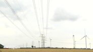 Stromleitungen hängen an Windkraftanlagen vorbei übers Land. © Screenshot 