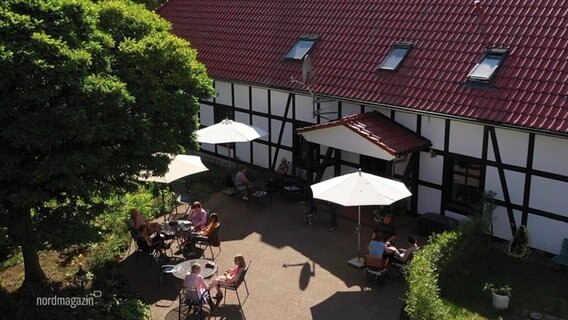 Blick aus der Vogelperspektive auf einen kleinen Garten-Vorplatz mit Sonnenschirmen vor einem älteren Landhaus im Fachwerkbau-Stil. © Screenshot 