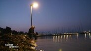 Der Künstler Jan Philip sitzt mit einer Straßenlaterne in der Hand am Ufer eines Gewässers. Es ist bereits Nacht. © Screenshot 