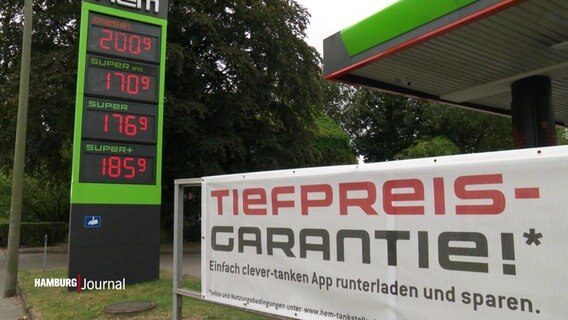 An einer Tankstelle hängt ein Banner mit Aufschrift "Tiefpreis-Garantie" © Screenshot 