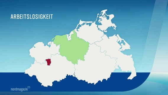 Eine Karte Mecklenburg-Vorpommerns in der zwei Regionen farblich mit Rot und Grün hervorgehoben sind, darüber die Überschrift: "Arbeitslosigkeit" © Screenshot 