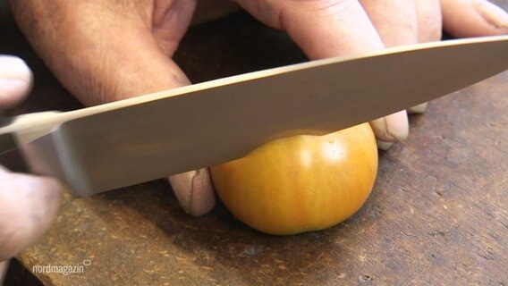 Ein Messer schneidet eine gelbe Tomate. © Screenshot 