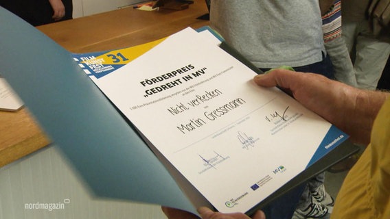 Eine Urkunde mit dem Titel Förderpreis "Gedreht in MV". © Screenshot 