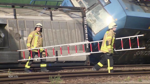 Zwei Einsatzkräfte der Feuerwehr tragen eine Leiter neben dem ungestürzten Zug. © Screenshot 