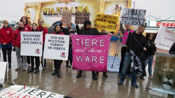 Menschen stehen vor dem Eingang von Circus Krone in Hamburg. Sie halten Protestschilder hoch, um für ein Wildtierverbot im Zirkus zu demonstrieren. © Screenshot 