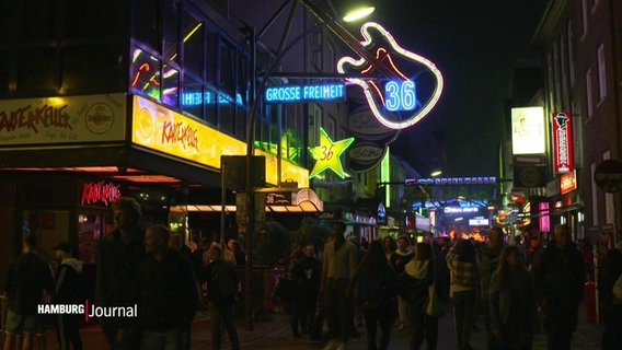 Blick auf die Straße Große Freiheit auf St. Pauli bei Nacht. Rechts leuchten die bunten Neonlichter, die in Form einer Gitarre das Schild des Clubs "Große Freiheit 36" bilden. Vor dem Club gehen viele Menschen entlang. © Screenshot 