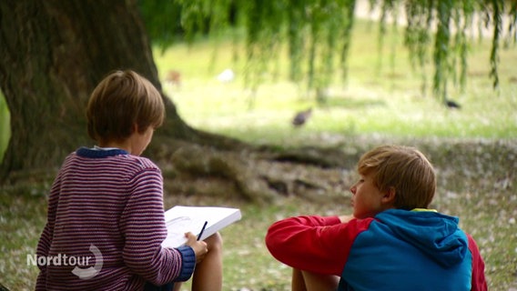 Zwei Jungen sitzen auf einer Grünfläche in einem Park und malen Entenvögel. © Screenshot 