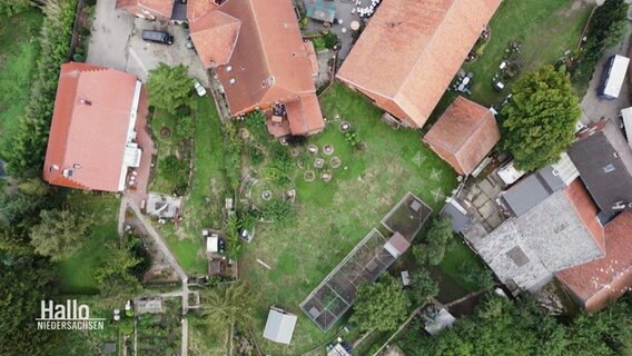 Blick aus der Vogelperspektive auf einen älteren Gutshof mit Schindeldächern. © Screenshot 