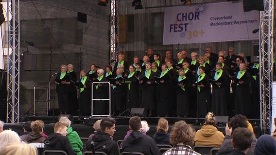 Ein Chor mit Schwarzen Roben und grünen Halskrausen tritt beim Chorfest in Demmin auf einer Freilichtbühne vor Publikum auf. © Screenshot 