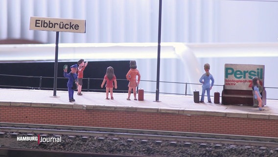 Blick auf einen Modellbahnsteig auf dem Menschenfiguren auf die Bahn warten. © Screenshot 