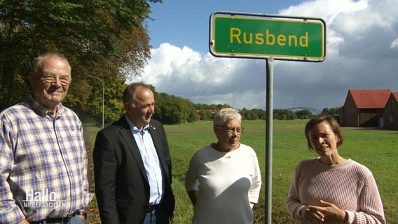 Vier Warberaner stehen vor einem falschen Ortsschild von Rusbend. © Screenshot 