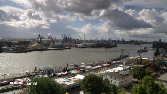 Ein bewölkt-sonniger Himmel zieht über den Hamburger Hafen und die Landungsbrücken hinweg. © Screenshot 