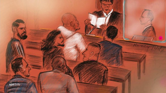Zeichnung aus dem Gerichtssaal bei der Verurteilung der Drogenbande in Hamburg. © Screenshot 