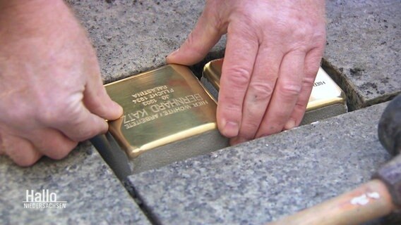 Zwei Hände setzt einen gold-glänzenden Stolperstein neben einen anderen in den Gehweg ein. © Screenshot 